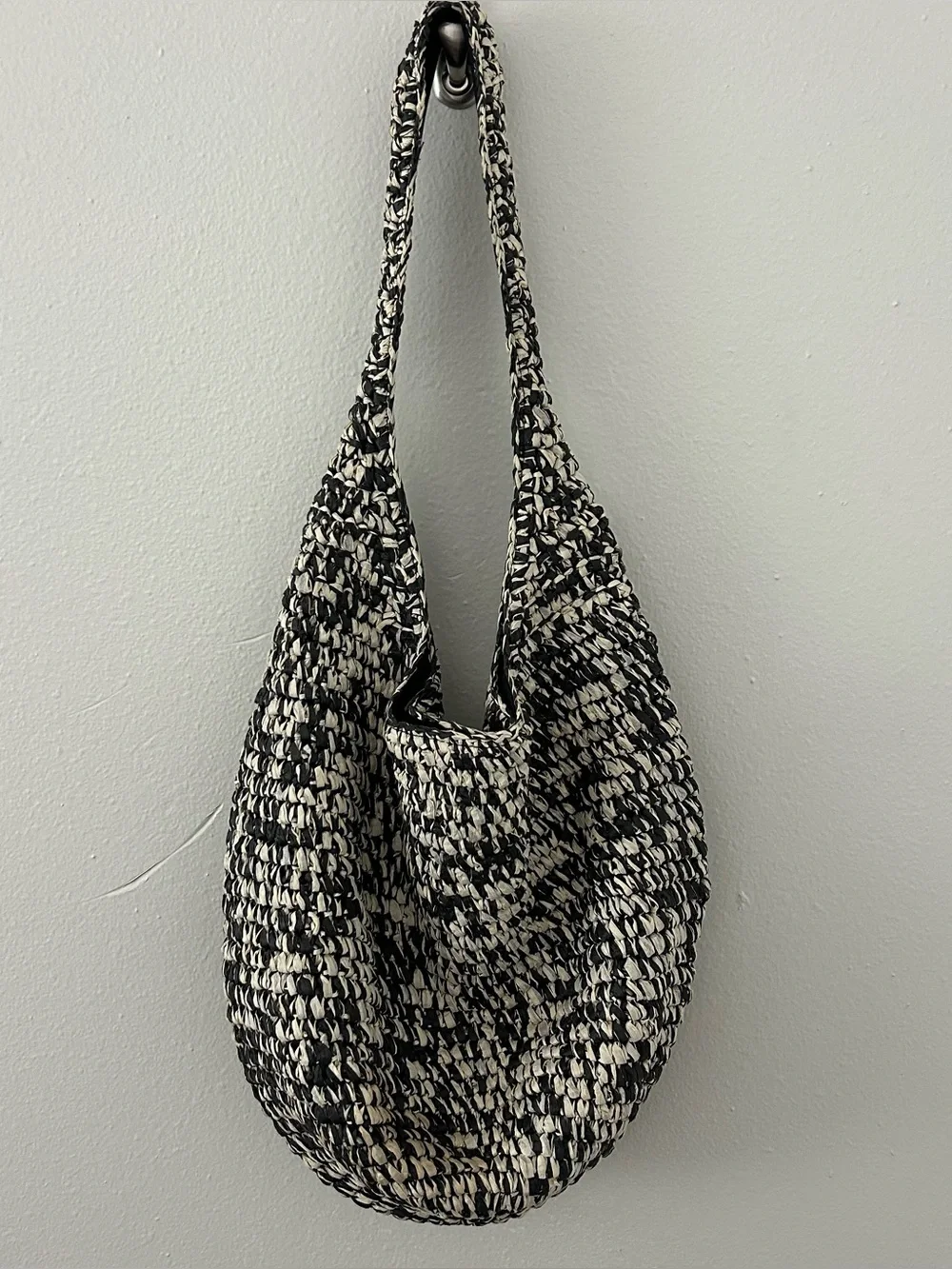 Banana Republic Marled Raffia Tote Bag Straw Hobo Purse Black White Slouchy Boho